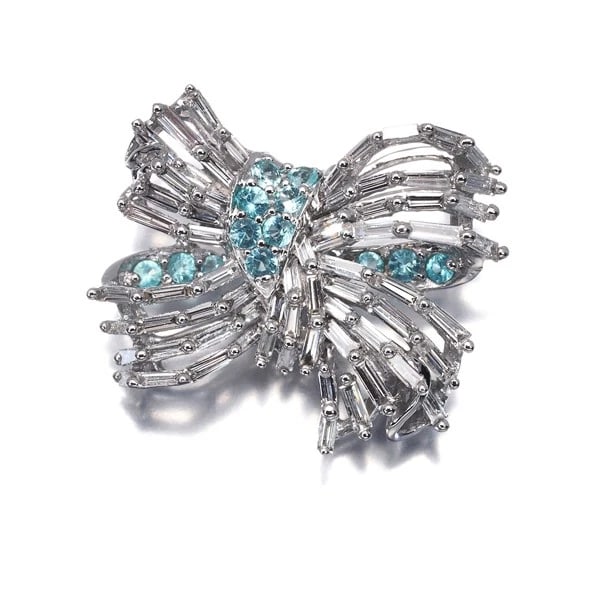 PARAIBA TOURMALINE DIAMOND RIBBON PENDANT 18K 750 WHITE GOLD: Paraiba Tourmaline Diamond Ribbon Pendant 18K 750 White Gold Brand: Unbranded Type/Style: Pendant Material: 18K/ 750 White Gold, Main Stone Natural Color: White Gold Size: Design size: 16.0 x 18.7mm B