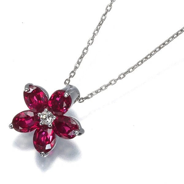 RUBY DIAMOND FLOWER NECKLACE 18K 750 WHITE GOLD/850 PLATINUM: Ruby Diamond Flower Necklace 18K 750 White Gold/850 Platinum Brand: Unbranded Type/Style: Necklace Material: 18K /750 White Gold/850 Platinum, Main Stone Natural Color: WG,Silver Size: Necklace length