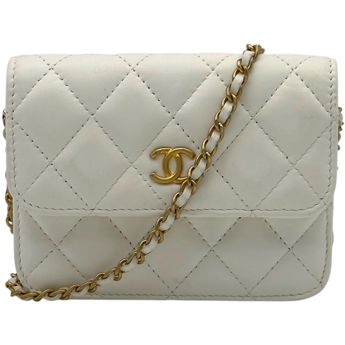 CHANEL MATELASSE MINI CHAIN WALLET SHOULDER BAG: CHANEL Matelasse Mini Chain Wallet Shoulder Bag Brand: CHANEL Type/Style: Shoulder Bag Material: Ram Color: White Gold Hardware Size: W4.9 x H3.7x D1.2inch Shoulder:33.5inch Accessories: None