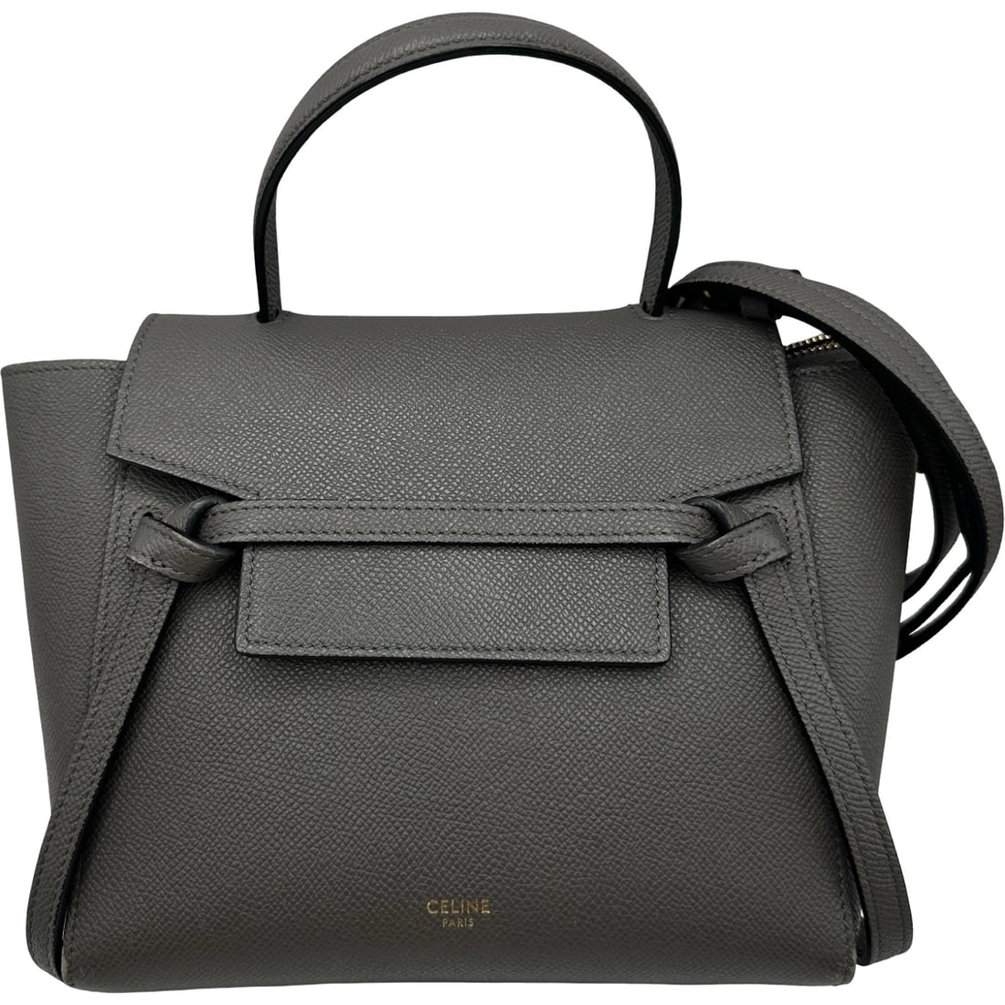 CELINE BELT BAG NANO SHOULDER BAG: CELINE Belt bag nano Shoulder Bag Brand: CELINE Type/Style: Shoulder Bag Material: leather Color: Gray Gold Hardware Size: W7.9 x H7.1x D3.9inch Shoulder:35.4inch Accessories: None Accesso
