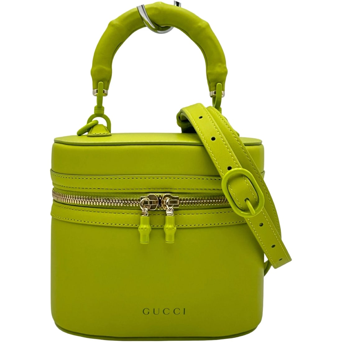 GUCCI BAMBOO HANDLE MINI VANITY BAG: GUCCI Bamboo Handle Mini Vanity Bag Brand: GUCCI Type/Style: Shoulder Bag Material: Calfskin Color: Light Green GoldHardware Size: W5.3 x H6.9x D2.0inch Shoulder:45.3inch Accessories: None