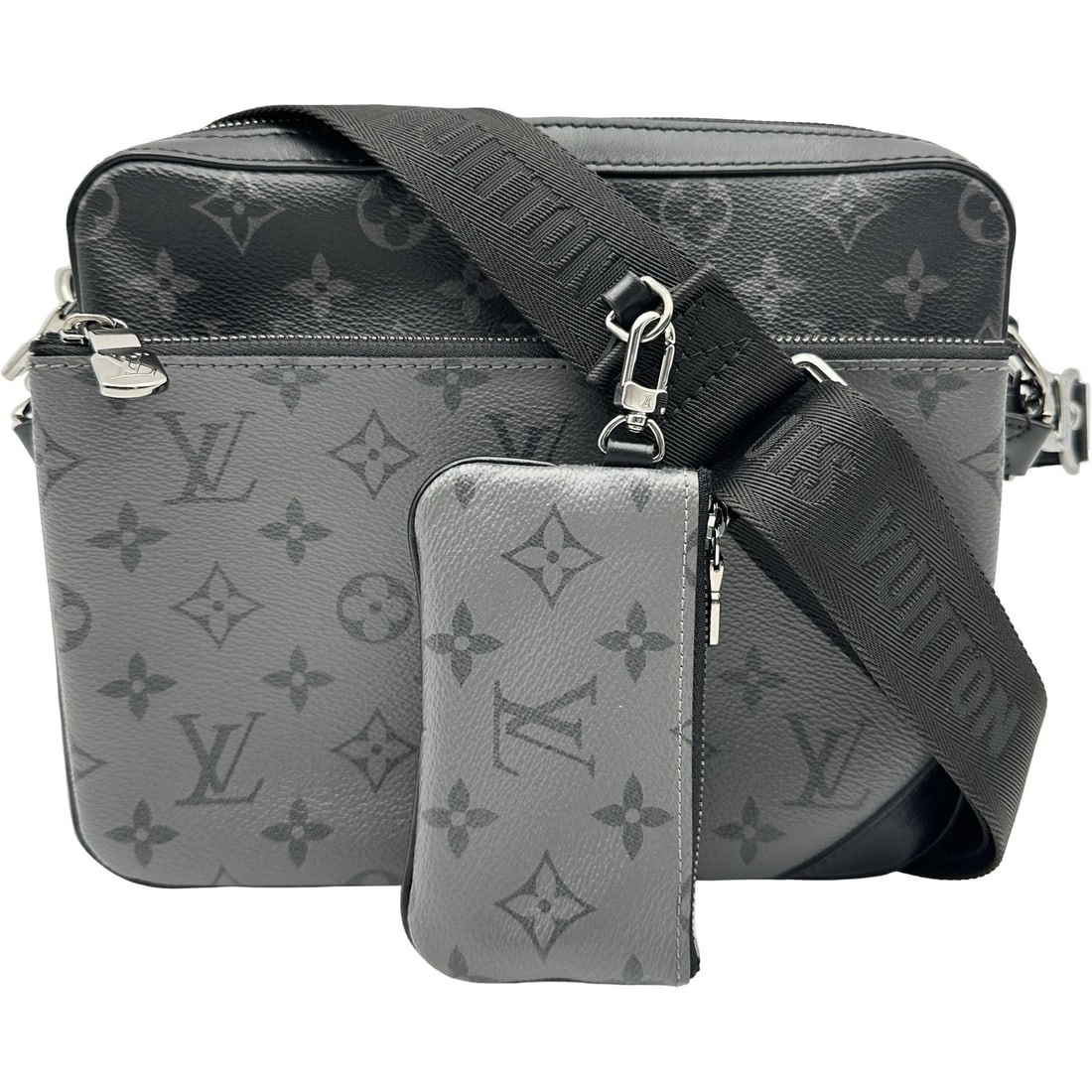 LOUIS VUITTON TRIO MESSENGER SHOULDER BAG: LOUIS VUITTON Trio Messenger Shoulder Bag Brand: LOUIS VUITTON Type/Style: Shoulder Bag Material: Monogram Eclipse Reverse Color: black Size: W9.6 x H7.1x D1.8inch Shoulder:30.7inch Accessories: N