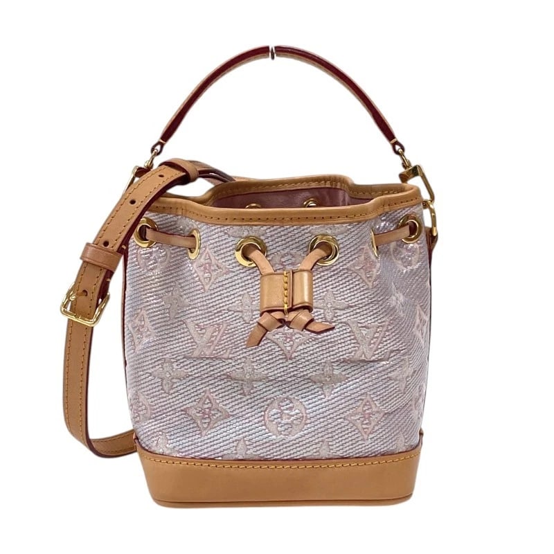 LOUIS VUITTON NANO NOE SHOULDER BAG: LOUIS VUITTON Nano Noe Shoulder Bag Brand: LOUIS VUITTON Type/Style: Shoulder Bag Material: Monogram Laminated Jacquard Color: Pink Gold Hardware Size: W5.1 x H5.9x D3.9inch Shoulder:37.4inch Acce