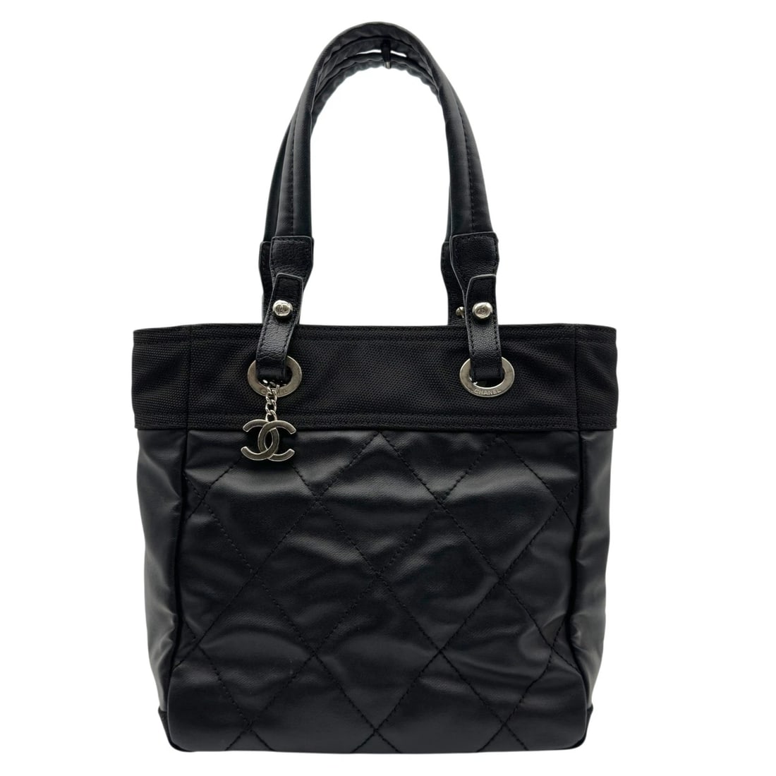 CHANEL PARIS BIARRITZ TOTE PM TOTE BAG: CHANEL Paris Biarritz Tote PM Tote Bag Brand: CHANEL Type/Style: Tote Bag Material: Coated canvas Color: black Size: W9.8 x H10.2x D4.3inch Accessories: None Accessories Notice: When purch