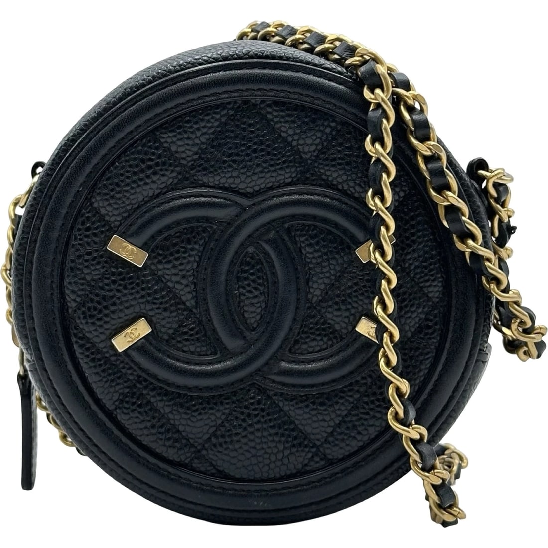CHANEL CC FILIGREE ROUND CHAIN SHOULDER BAG: CHANEL CC Filigree Round Chain Shoulder Bag Brand: CHANEL Type/Style: Shoulder Bag Material: Caviar skin Color: Black Gold Hardware Size: W4.7 x H4.7x D2.0inch Shoulder:50.6inch Accessories: None