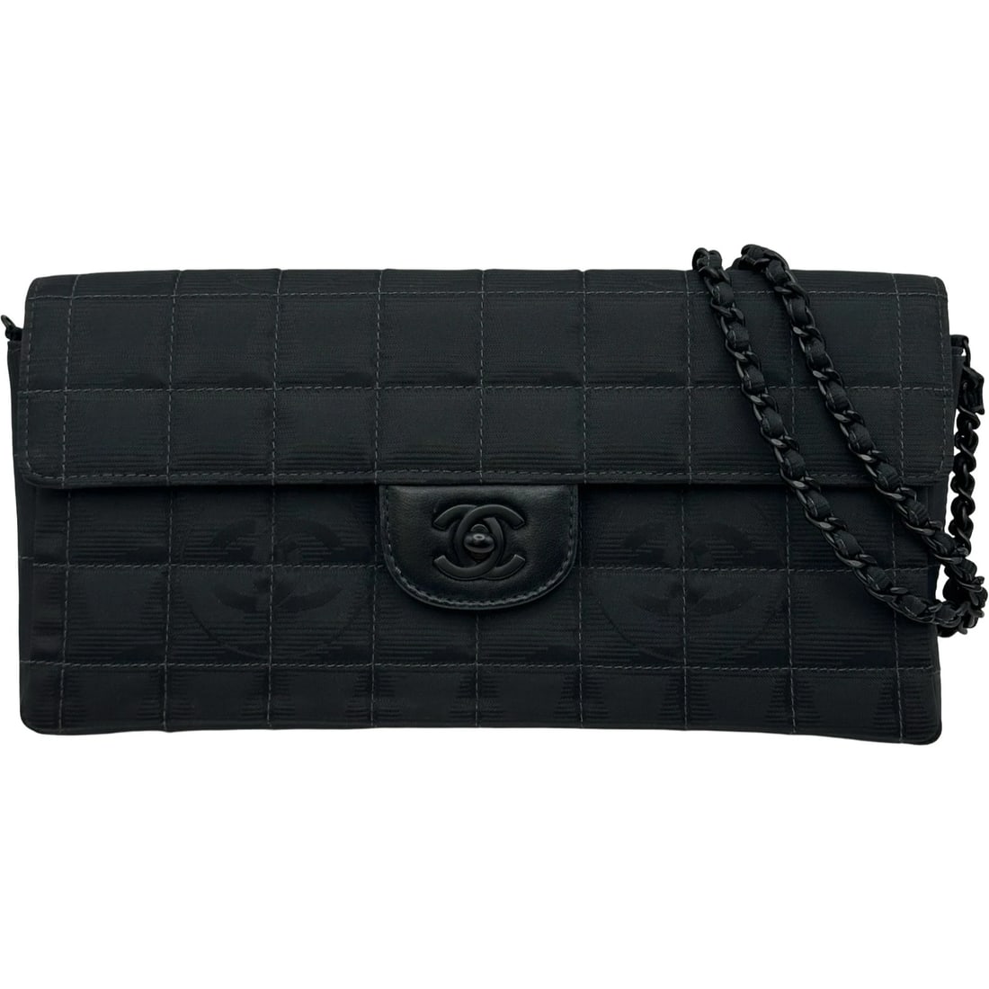 CHANEL TRAVEL LINE CHAINONE BELT SHOULDER BAG: CHANEL Travel Line Chainone Belt Shoulder Bag Brand: CHANEL Type/Style: Shoulder Bag Material: Nylon jacquard Color: Black Black Hardware Size: W10.2 x H5.3x D1.4inch Shoulder:27.4inch Accessories: