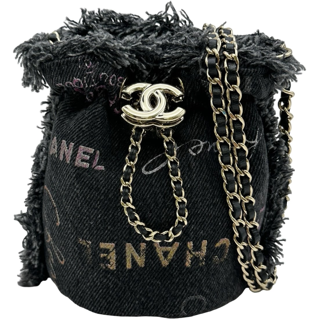 CHANEL MINI CHAIN BUCKET SHOULDER BAG: CHANEL Mini Chain Bucket Shoulder Bag Brand: CHANEL Type/Style: Shoulder Bag Material: denim Color: black Size: W3.5 x H4.7x D3.5inch Shoulder:42.5inch Accessories: None Accessories Notice