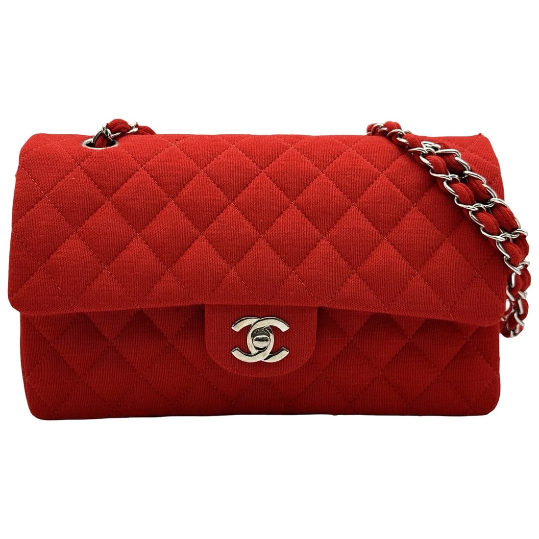 CHANEL MATRASSE SHOULDER BAG: CHANEL Matrasse Shoulder Bag Brand: CHANEL Type/Style: Shoulder Bag Material: Cotton jersey Color: Red SilverHardware Size: W9.8 x H5.9x D2.6inch Shoulder:20.9inch Accessories: None Accessories