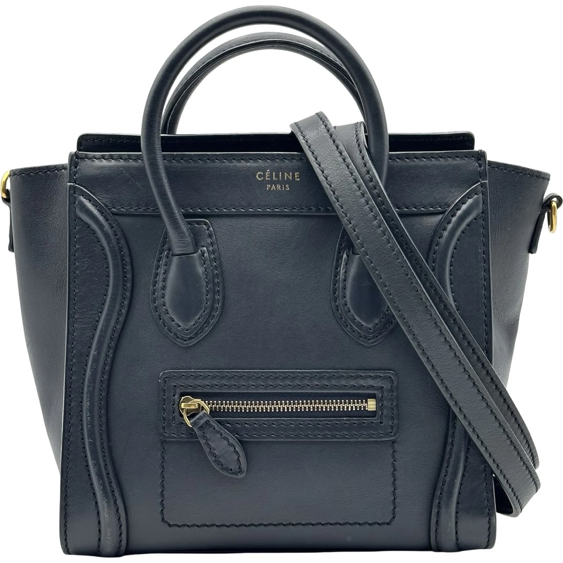 CELINE LUGGAGE NANO SHOPPER SHOULDER BAG: CELINE Luggage nano shopper Shoulder Bag Brand: CELINE Type/Style: Shoulder Bag Material: Calfskin Color: Navy Gold Hardware Size: W10.0 x H8.1x D3.7inch Shoulder:47.8inch Accessories: None