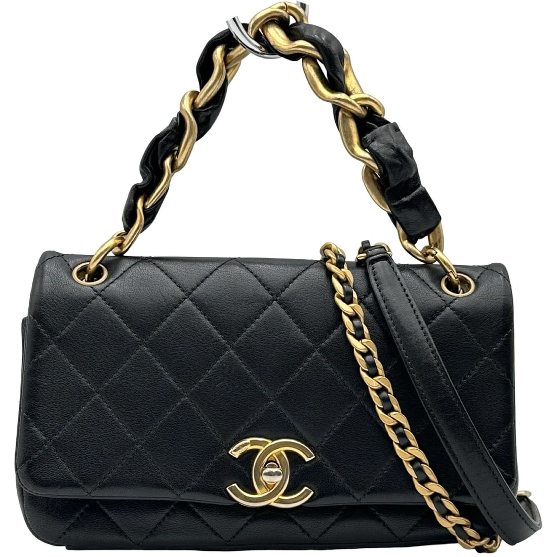 CHANEL MATELASSE 2-WAY FLAP CHAIN SHOULDER BAG: CHANEL Matelasse 2-Way Flap Chain Shoulder Bag Brand: CHANEL Type/Style: Shoulder Bag Material: Calfskin Color: Black Gold Hardware Size: W8.7 x H5.5x D2.4inch Shoulder:45.3inch Accessories: None