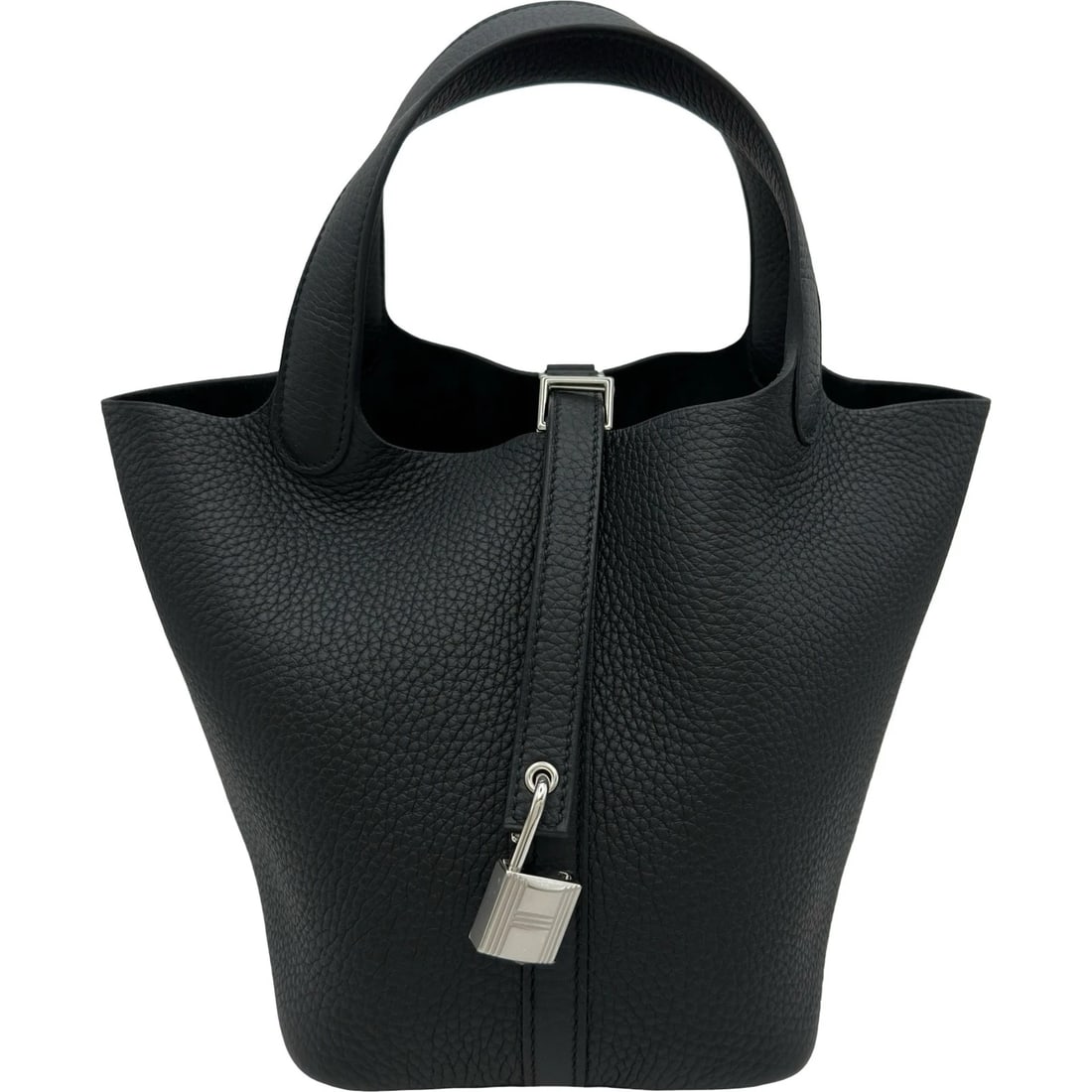 HERMES PICOTAN LOCK PM HANDBAG: HERMES Picotan Lock PM Handbag Brand: HERMES Type/Style: Handbag Material: Taurillon Clemence Color: Black SilverHardware Size: W7.1 x H7.1x D5.1inch Accessories: None Accessories Notice: