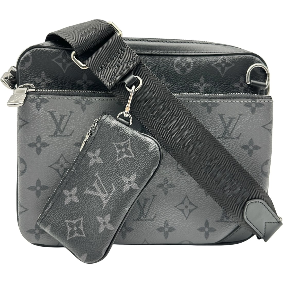 LOUIS VUITTON TRIO MESSENGER SHOULDER BAG: LOUIS VUITTON Trio Messenger Shoulder Bag Brand: LOUIS VUITTON Type/Style: Shoulder Bag Material: Monogram Eclipse Color: black Size: W9.8 x H7.3x D1.8inch Shoulder:36.6inch Accessories: None