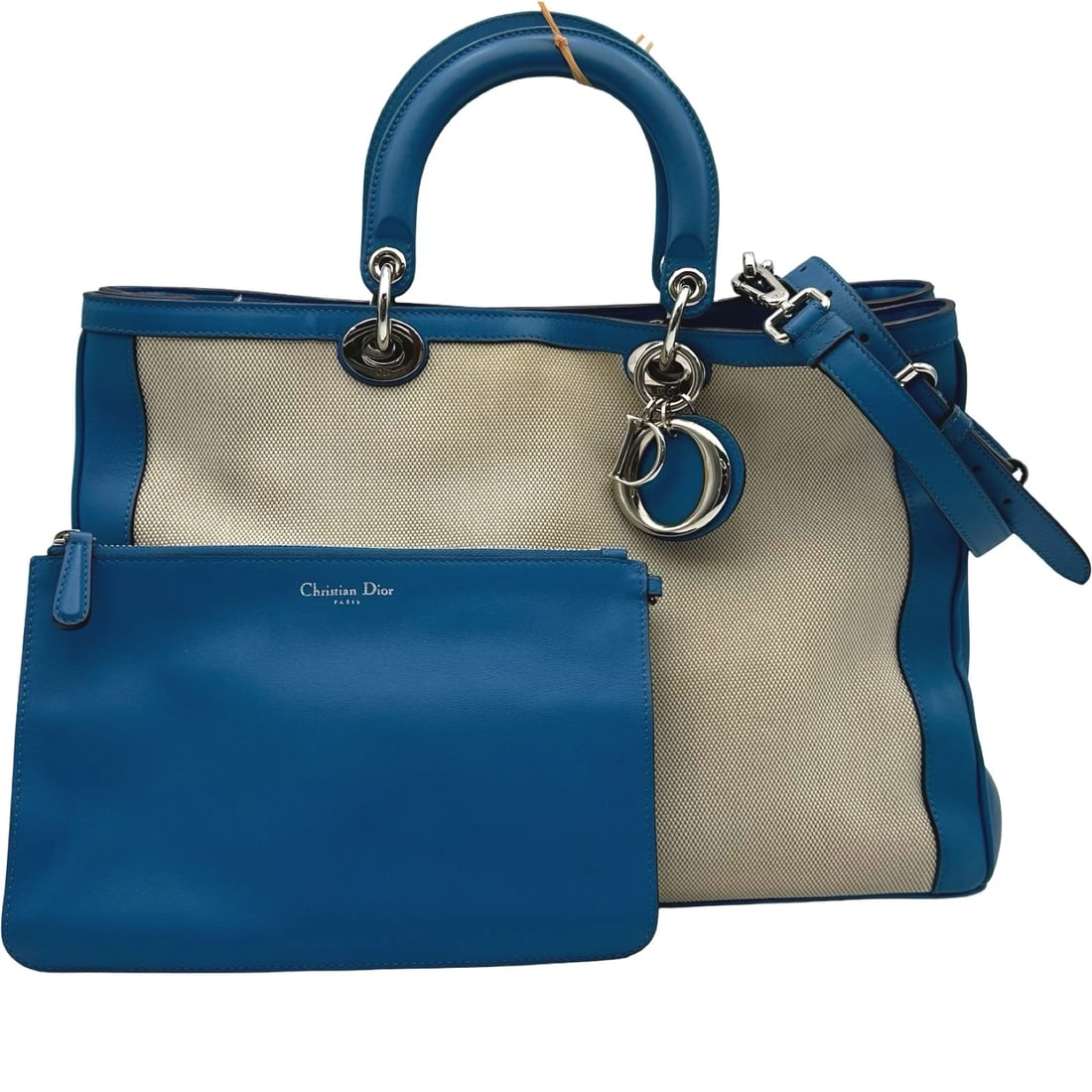 CHRISTIAN DIOR DIORISSIMO 2WAY TOTE SHOULDER BAG: Christian Dior Diorissimo 2WAY Tote Shoulder Bag Brand: Christian Dior Type/Style: Shoulder Bag Material: Leather / canvas Color: Blue SilverHardware Size: W15.0 x H10.0x D4.9inch Shoulder:30.7inch