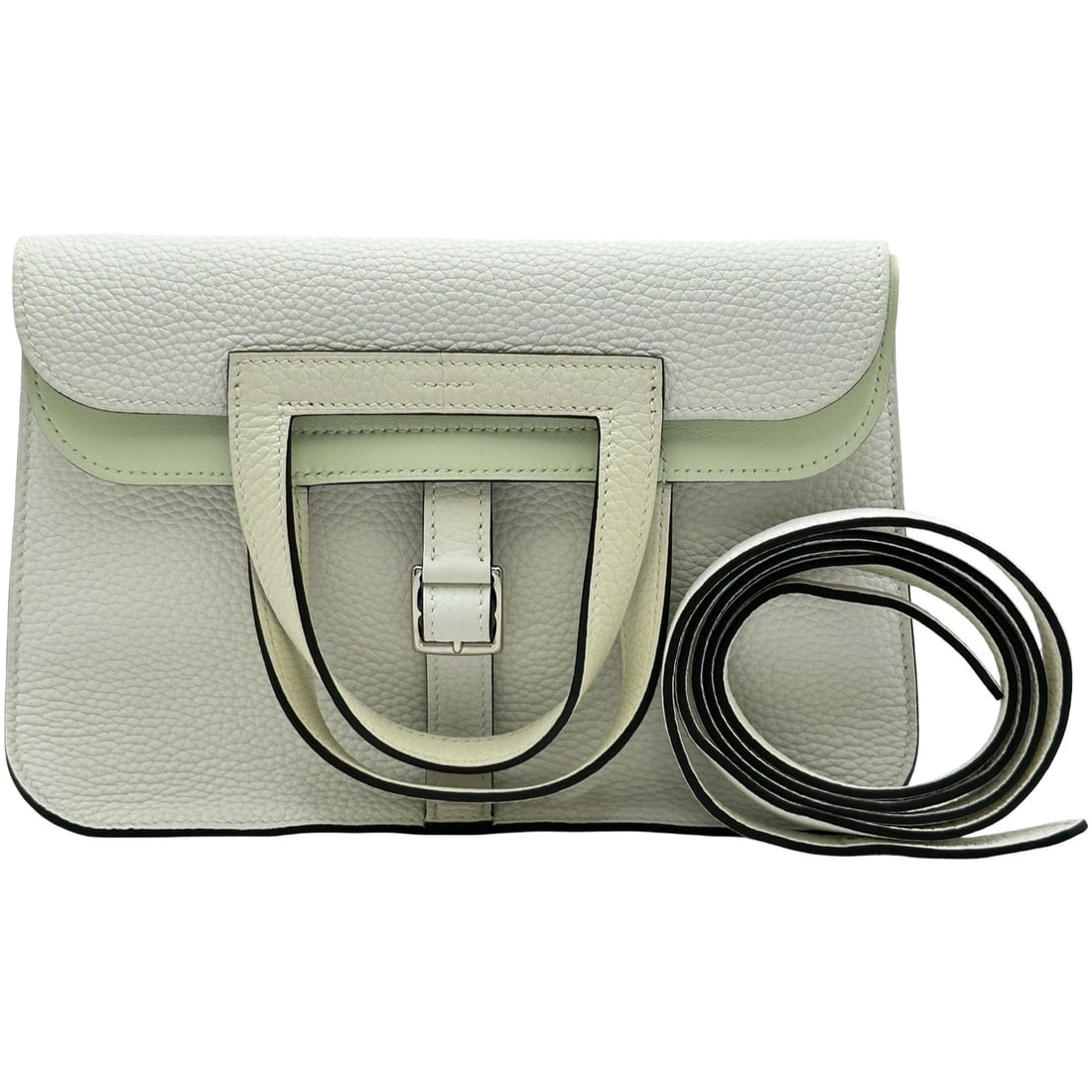 HERMES ALZAN VERSO SHOULDER BAG: HERMES Alzan Verso Shoulder Bag Brand: HERMES Type/Style: Shoulder Bag Material: Taurillon Clemence / Swift Color: Veil Fizz / Silver Hardware Size: W9.8 x H5.9x D3.1inch Shoulder:43.3inch Accesso