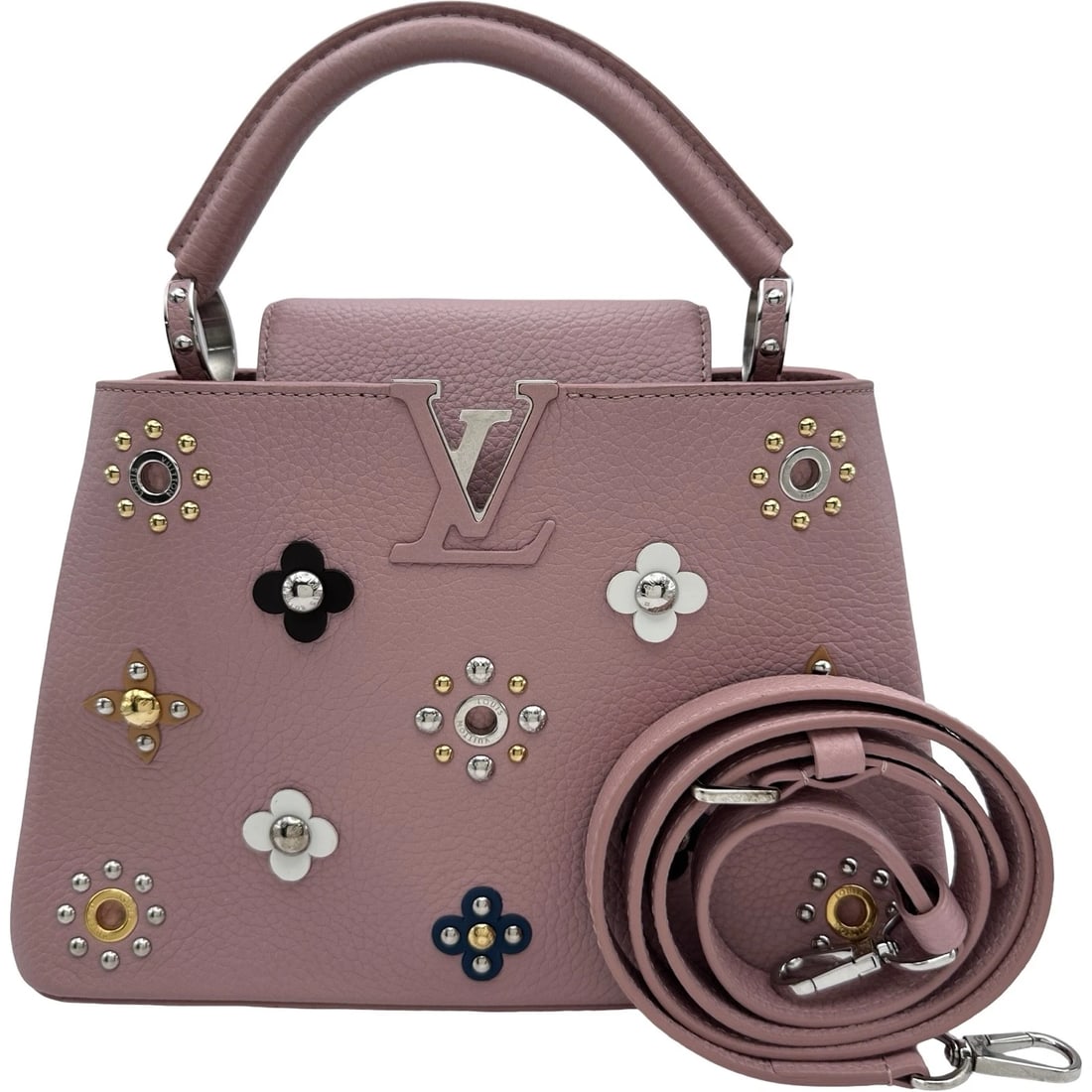 LOUIS VUITTON CAPUSINE BB HANDBAG: LOUIS VUITTON Capusine BB Handbag Brand: LOUIS VUITTON Type/Style: Handbag Material: Taurillon Clemence Color: Magnolia Size: W10.6 x H7.1x D3.5inch Shoulder:42.5inch Accessories: None Accessories