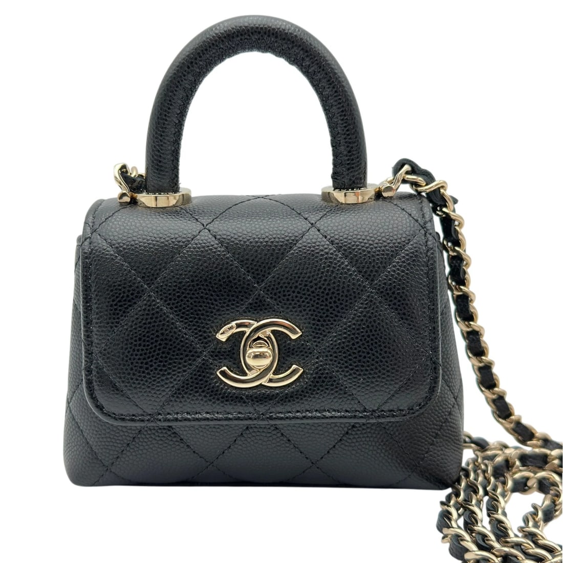 CHANEL COCO HANDLE MICRO SHOULDER BAG: CHANEL Coco Handle Micro Shoulder Bag Brand: CHANEL Type/Style: Shoulder Bag Material: Caviar skin Color: Black Gold Hardware Size: W4.9 x H3.3x D1.6inch Shoulder:44.1inch Accessories: None