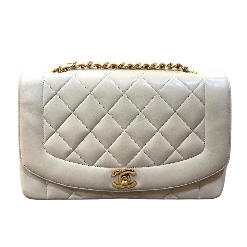 CHANEL DIANA SHOULDER BAG: CHANEL Diana Shoulder Bag Brand: CHANEL Type/Style: Shoulder Bag Material: lambskin Color: Beige Gold Hardware Size: W9.8 x H6.3x D2.8inch Shoulder:47.2inch Accessories: None Accessories Notice: When