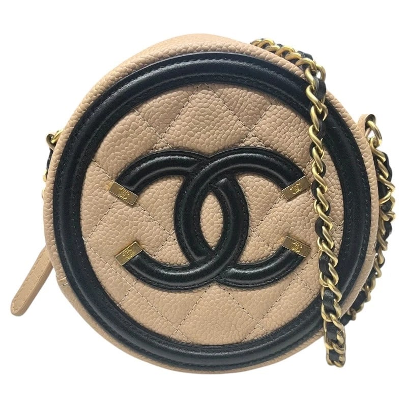 CHANEL CC FILIGREE CHAIN POCHETTE SHOULDER BAG: CHANEL CC Filigree Chain Pochette Shoulder Bag Brand: CHANEL Type/Style: Shoulder Bag Material: caviar Color: beige black Size: W5.1 x H5.1x D1.8inch Shoulder:51.2inch Accessories: None Ac