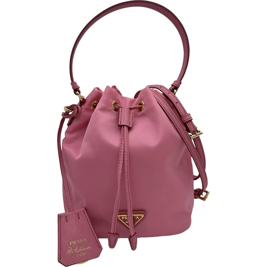 PRADA TRIANGLE LOGO BUCKET SHOULDER BAG: PRADA Triangle Logo Bucket Shoulder Bag Brand: PRADA Type/Style: Shoulder Bag Material: Leather / nylon Color: pink Size: W6.3 x H7.5x D3.9inch Shoulder:40.2inch Accessories: None Accessories Notice: