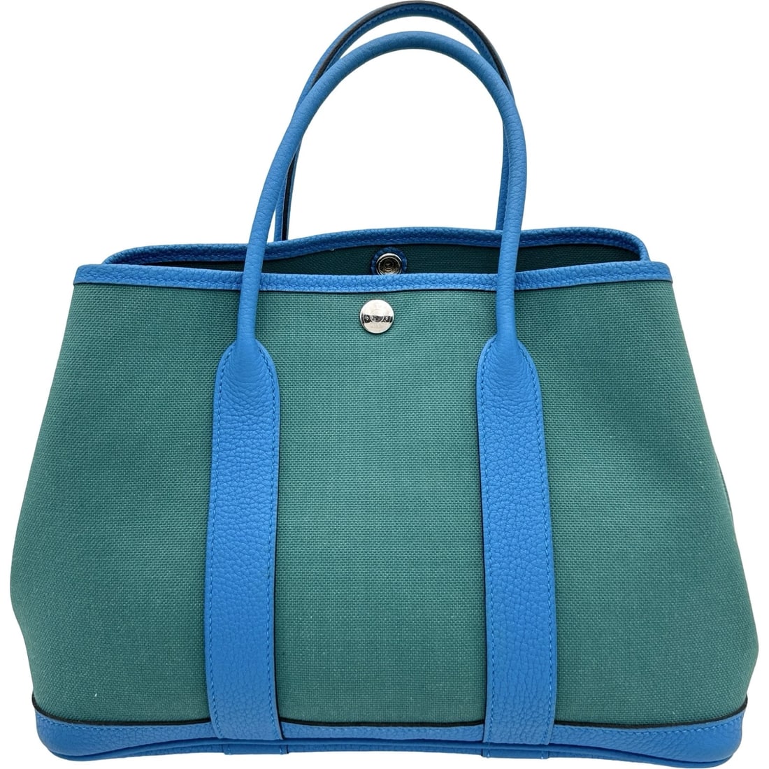 HERMES GARDEN PARTY HANDBAG: HERMES Garden party Handbag Brand: HERMES Type/Style: Handbag Material: Toile / Negonda Color: Blue Zanjibal SilverHardware Size: W11.8 x H8.3x D5.5inch Accessories: None Accessories Notice: When