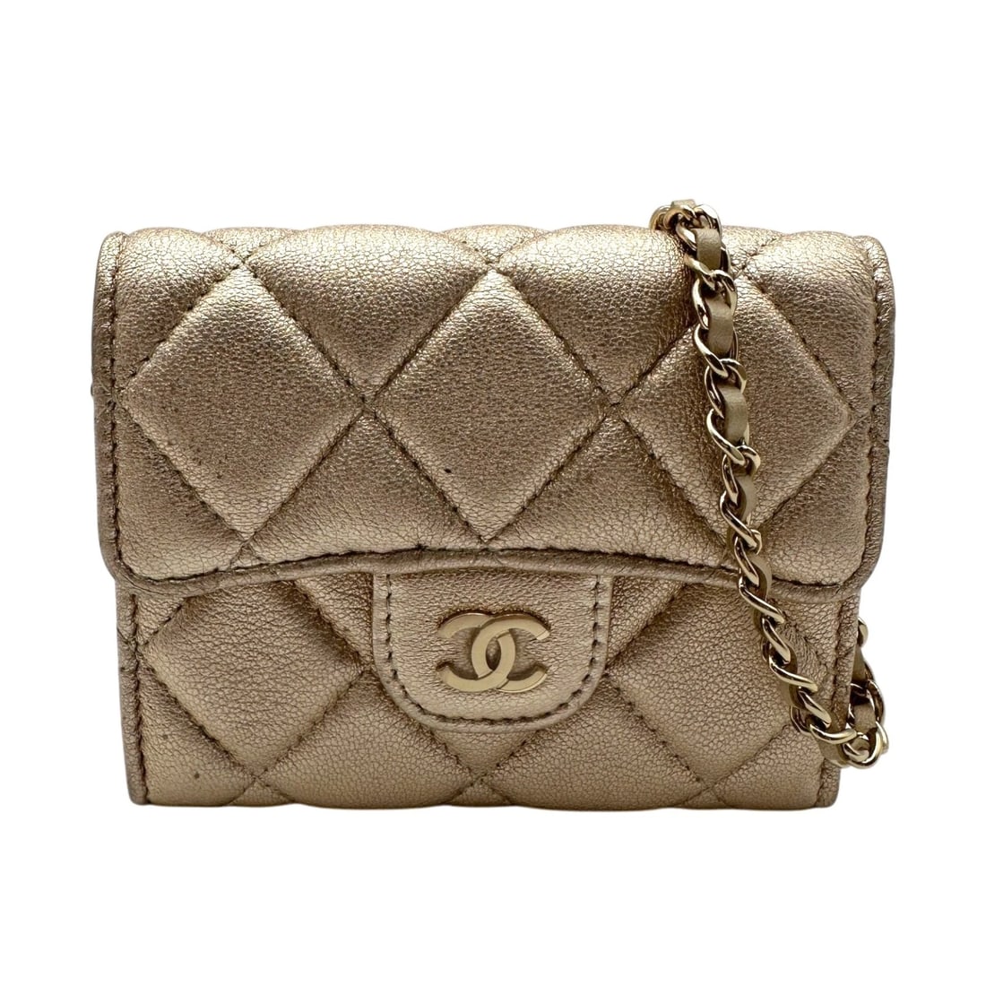 CHANEL MATELASSE COMPACT SHOULDER BAG: CHANEL Matelasse Compact Shoulder Bag Brand: CHANEL Type/Style: Shoulder Bag Material: lambskin Color: gold Size: W4.3 x H3.5x D0.6inch Accessories: None Accessories Notice: When purchasing pre-owned