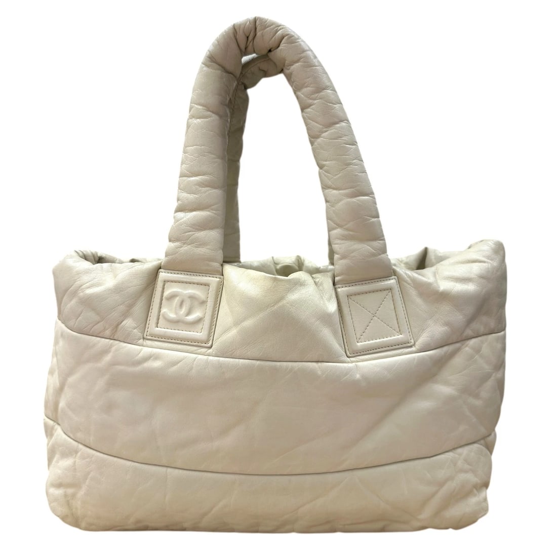 CHANEL COCO COCOON TOTE BAG: CHANEL Coco Cocoon Tote Bag Brand: CHANEL Type/Style: Tote Bag Material: lambskin Color: Ivory Size: W15.0 x H11.0x D5.1inch Accessories: None Accessories Notice: When purchasing pre-owned goods,