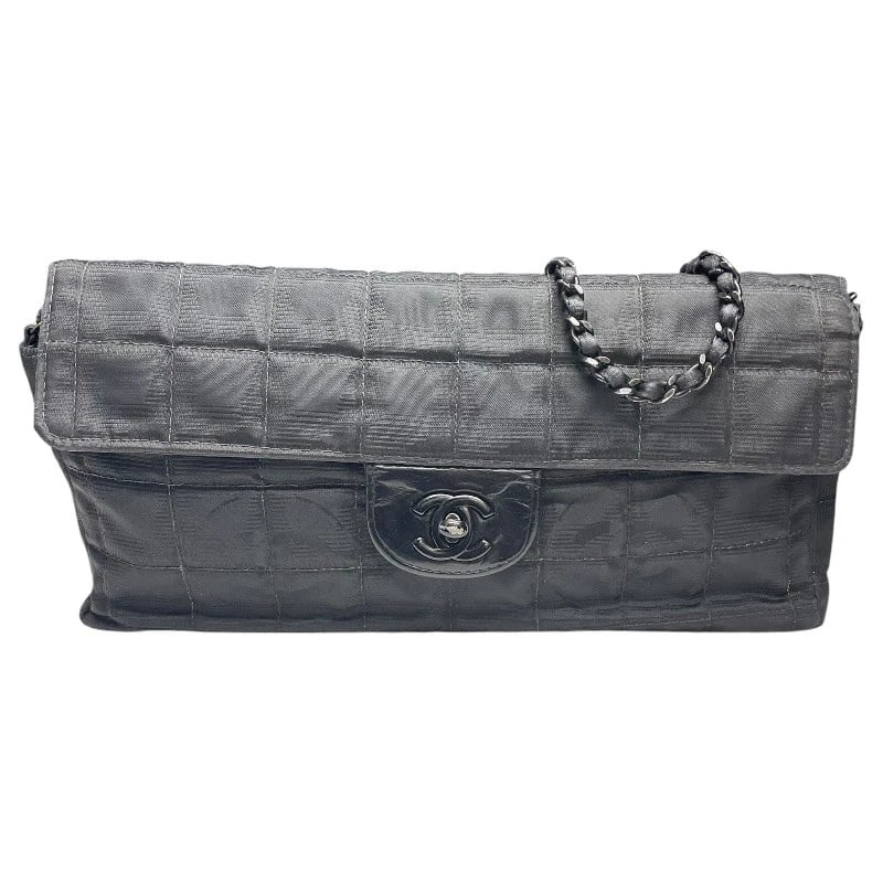 CHANEL TRAVEL LINE FLAP SHOULDER BAG: CHANEL Travel Line Flap Shoulder Bag Brand: CHANEL Type/Style: Shoulder Bag Material: Nylon jacquard Color: black Size: W10.6 x H4.7x D1.6inch Shoulder:29.5inch Accessories: None Accessories Notice: