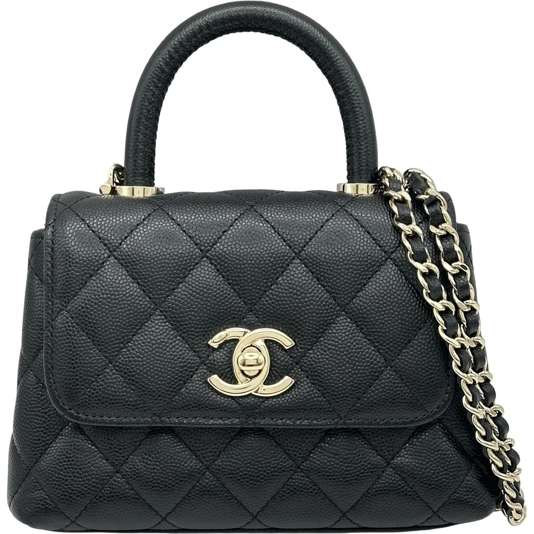 CHANEL COCO HANDLE CHAIN SHOULDER BAG: CHANEL Coco Handle Chain Shoulder Bag Brand: CHANEL Type/Style: Shoulder Bag Material: Caviar skin Color: Black Gold Hardware Size: W6.3 x H4.5x D1.6inch Shoulder:46.5inch Accessories: None