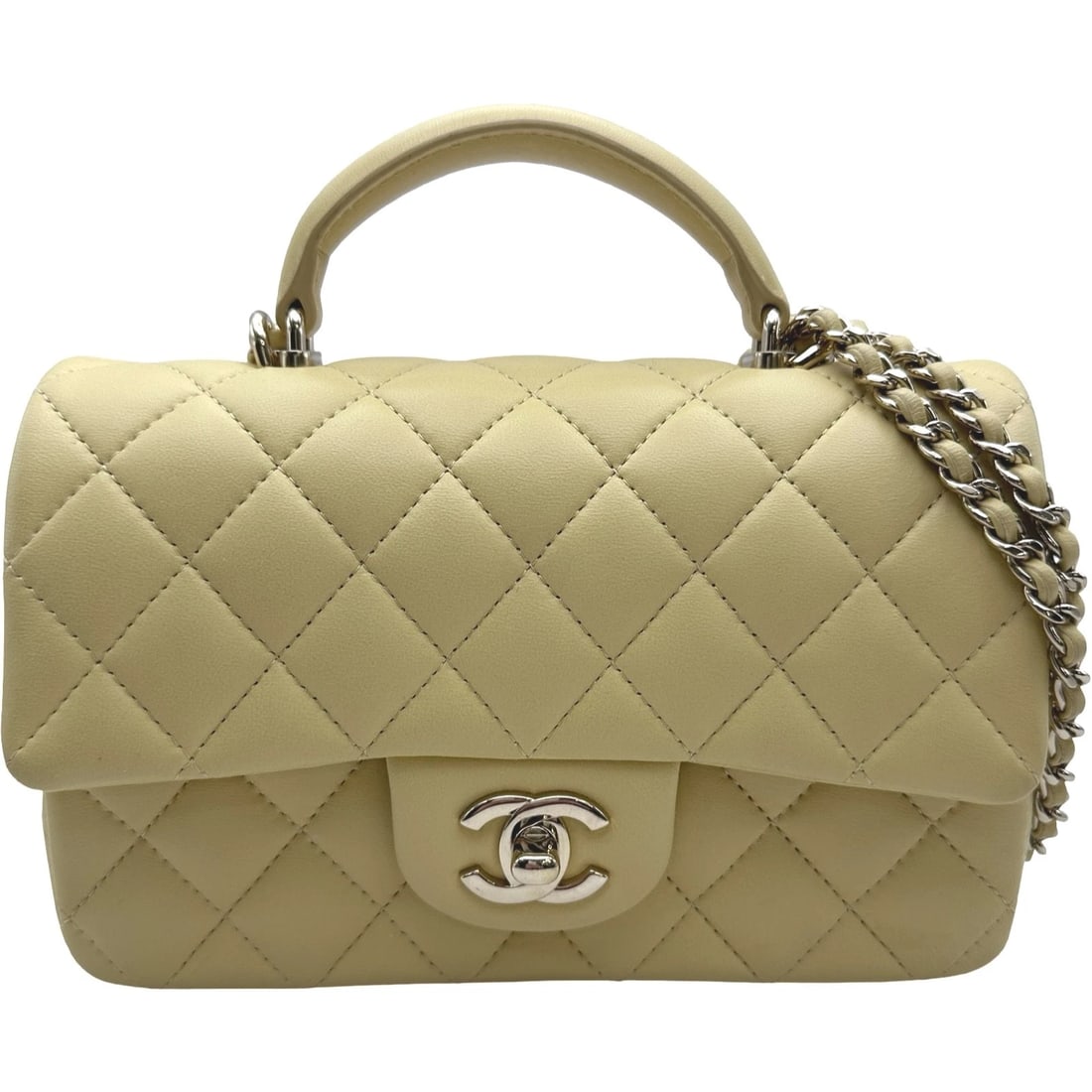 CHANEL MATELASSE TOP HANDLE HANDBAG: CHANEL Matelasse Top Handle Handbag Brand: CHANEL Type/Style: Handbag Material: lambskin Color: Yellow Gold Hardware Size: W7.9 x H4.7x D2.4inch Shoulder:45.7inch Accessories: None Accesso
