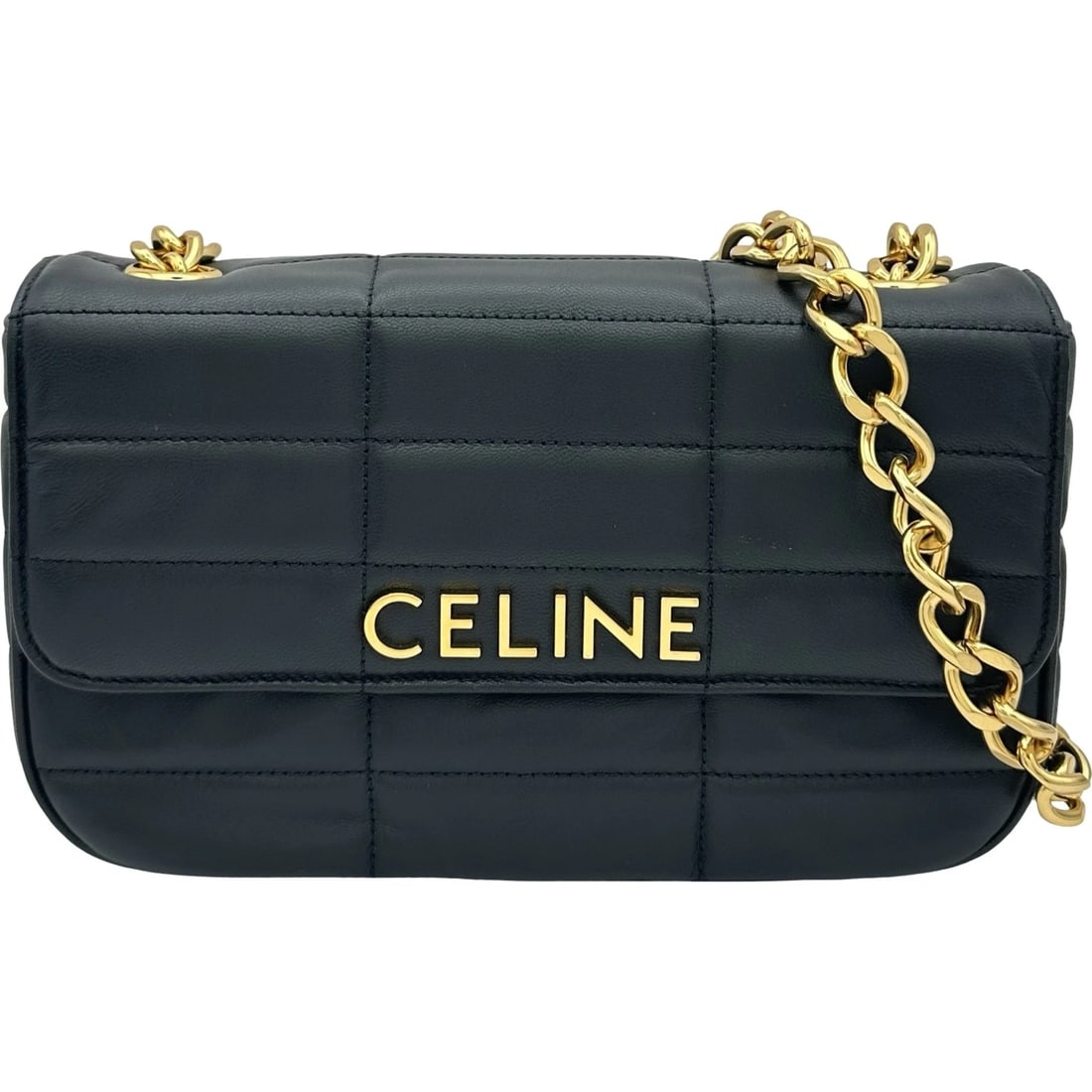 CELINE MONOCHROME CHAIN SHOULDER BAG: CELINE Monochrome Chain Shoulder Bag Brand: CELINE Type/Style: Shoulder Bag Material: Calfskin Color: Black Gold Hardware Size: W9.3 x H5.3x D1.8inch Shoulder:26.6inch Accessories: None Ac