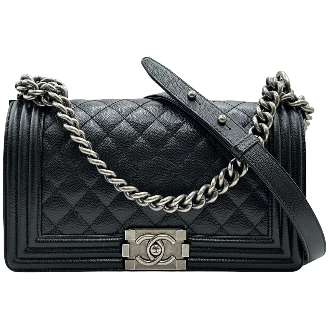 CHANEL BOY CHANEL SHOULDER BAG: CHANEL Boy Chanel Shoulder Bag Brand: CHANEL Type/Style: Shoulder Bag Material: Caviar skin Color: black Size: W9.8 x H5.9x D2.8inch Shoulder:24.8inch Accessories: None Accessories Notice: