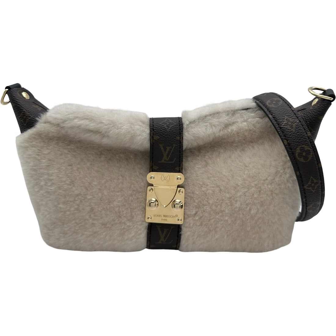 LOUIS VUITTON POCHETTE MIA HANDBAG: LOUIS VUITTON Pochette Mia Handbag Brand: LOUIS VUITTON Type/Style: Handbag Material: Shearling/Monogram Canvas Color: Ivory Size: W8.7 x H5.5x D3.5inch Accessories: None Accessories Notic