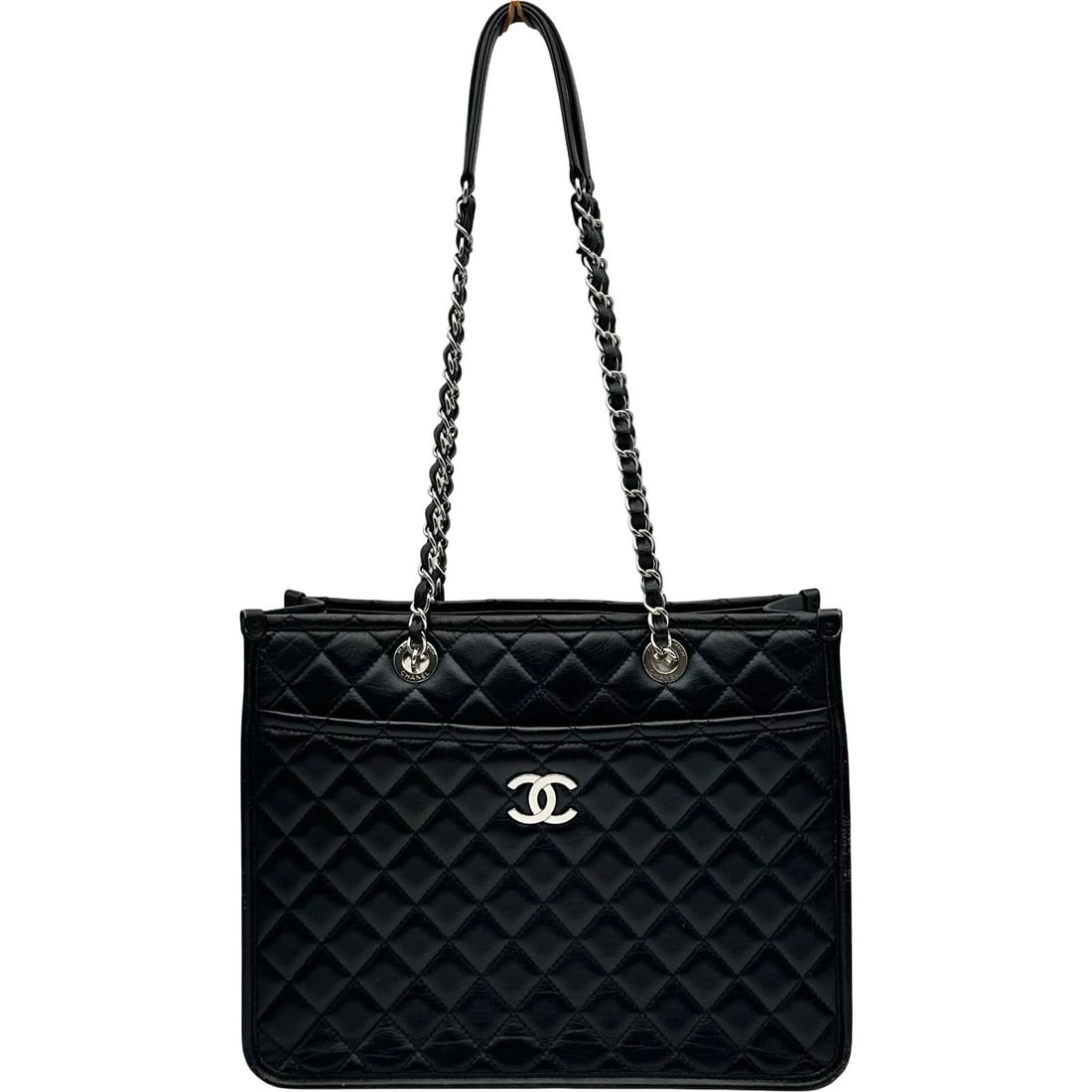 CHANEL CHAIN SHOULDER BAG: CHANEL Chain Shoulder Bag Brand: CHANEL Type/Style: Shoulder Bag Material: Calfskin Color: Black SilverHardware Size: W11.6 x H8.9x D3.5inch Accessories: None Accessories Notice: When purc