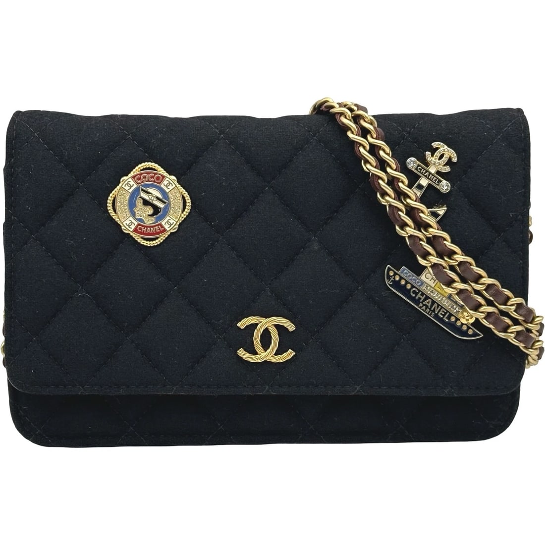 CHANEL MATRASSE CHAIN WALLET SHOULDER BAG: CHANEL Matrasse Chain wallet Shoulder Bag Brand: CHANEL Type/Style: Shoulder Bag Material: cotton Color: Black Gold Hardware Size: W7.5 x H4.7x D1.0inch Shoulder:51.2inch Accessories: None