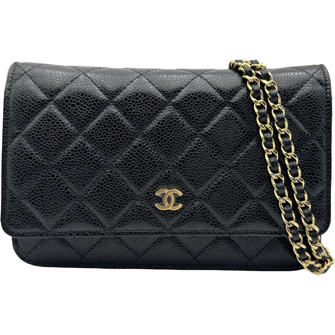 CHANEL MATRASSE CHAIN WALLET SHOULDER BAG: CHANEL Matrasse Chain Wallet Shoulder Bag Brand: CHANEL Type/Style: Shoulder Bag Material: Caviar skin Color: Black Gold Hardware Size: W7.5 x H4.9x D1.6inch Shoulder:49.6inch Accessories: None