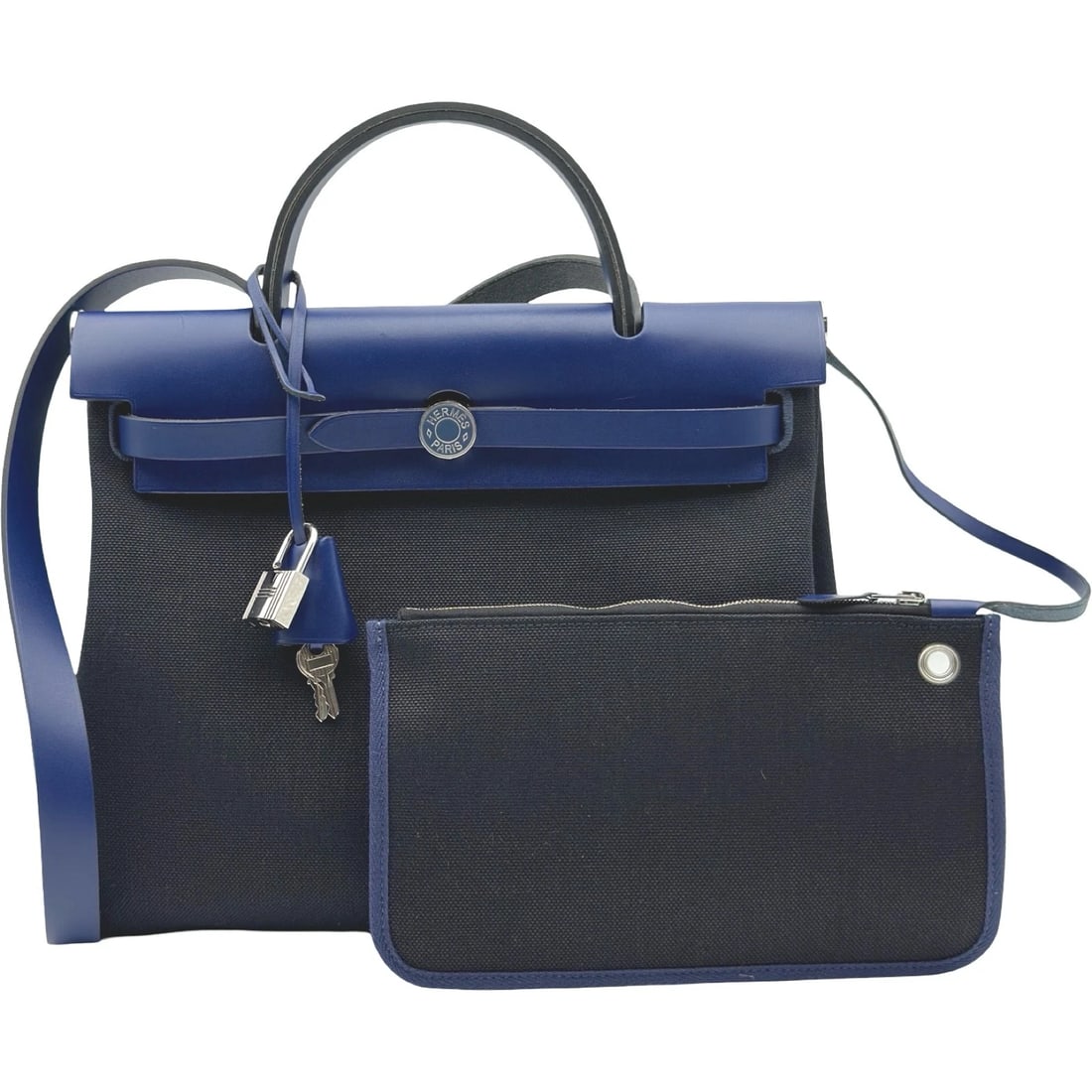 HERMES HERBAG ZIP HANDBAG: HERMES Herbag Zip Handbag Brand: HERMES Type/Style: Handbag Material: Toile/Hunter Color: Blue Saphir SilverHardware Size: W11.8 x H9.8x D3.9inch Shoulder:37.4inch Accessories: None Accessories