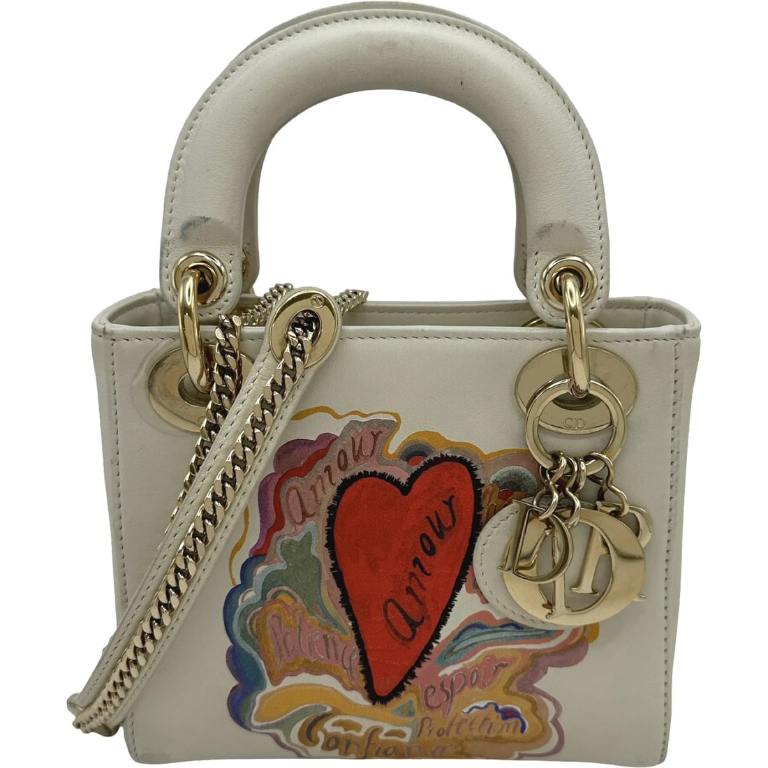 CHRISTIAN DIOR LADY DIOR MINI HANDBAG: Christian Dior Lady Dior Mini Handbag Brand: Christian Dior Type/Style: Handbag Material: Calfskin Color: Ivory-colored gold hardware Size: W6.5 x H5.7x D2.0inch Shoulder:46.7inch Accessories: None