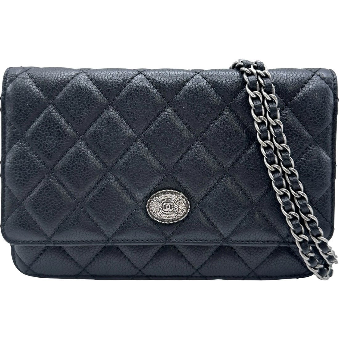 CHANEL MATRASSE CHAIN WALLET SHOULDER BAG: CHANEL Matrasse Chain Wallet Shoulder Bag Brand: CHANEL Type/Style: Shoulder Bag Material: Caviar skin Color: Black SilverHardware Size: W7.5 x H4.9x D1.6inch Shoulder:55.1inch Accessories: None <