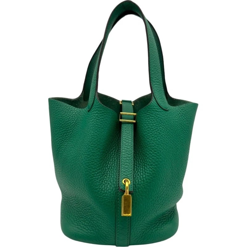 HERMES PICOTAN LOCK HANDBAG: HERMES Picotan Lock Handbag Brand: HERMES Type/Style: Handbag Material: Taurillon Clemence Color: Vert Vertigo GoldHardware Size: W5.1 x H7.1x D7.1inch Accessories: None Accessories Notice: When
