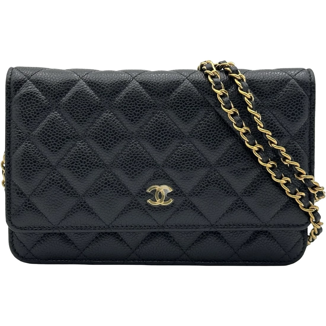 CHANEL MATRASSE CHAIN WALLET SHOULDER BAG: CHANEL Matrasse Chain Wallet Shoulder Bag Brand: CHANEL Type/Style: Shoulder Bag Material: Caviar skin Color: Black Gold Hardware Size: W7.5 x H4.9x D1.4inch Shoulder:50.4inch Accessories: None