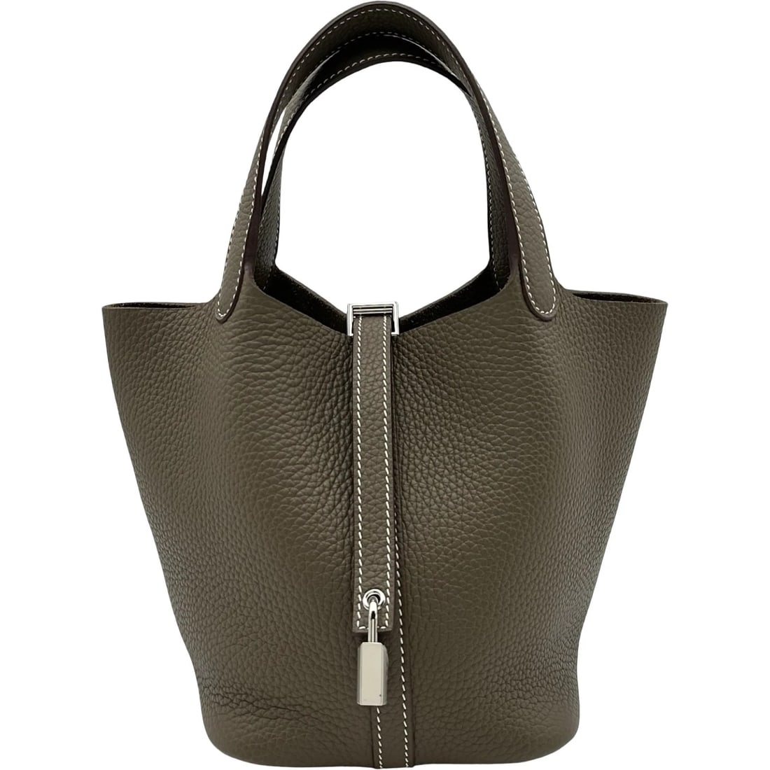 HERMES PICOTAN LOCK HANDBAG: HERMES Picotan Lock Handbag Brand: HERMES Type/Style: Handbag Material: Taurillon Clemence Color: Etop SilverHardware Size: W10.2 x H6.9x D5.3inch Accessories: None Accessories Notice: When
