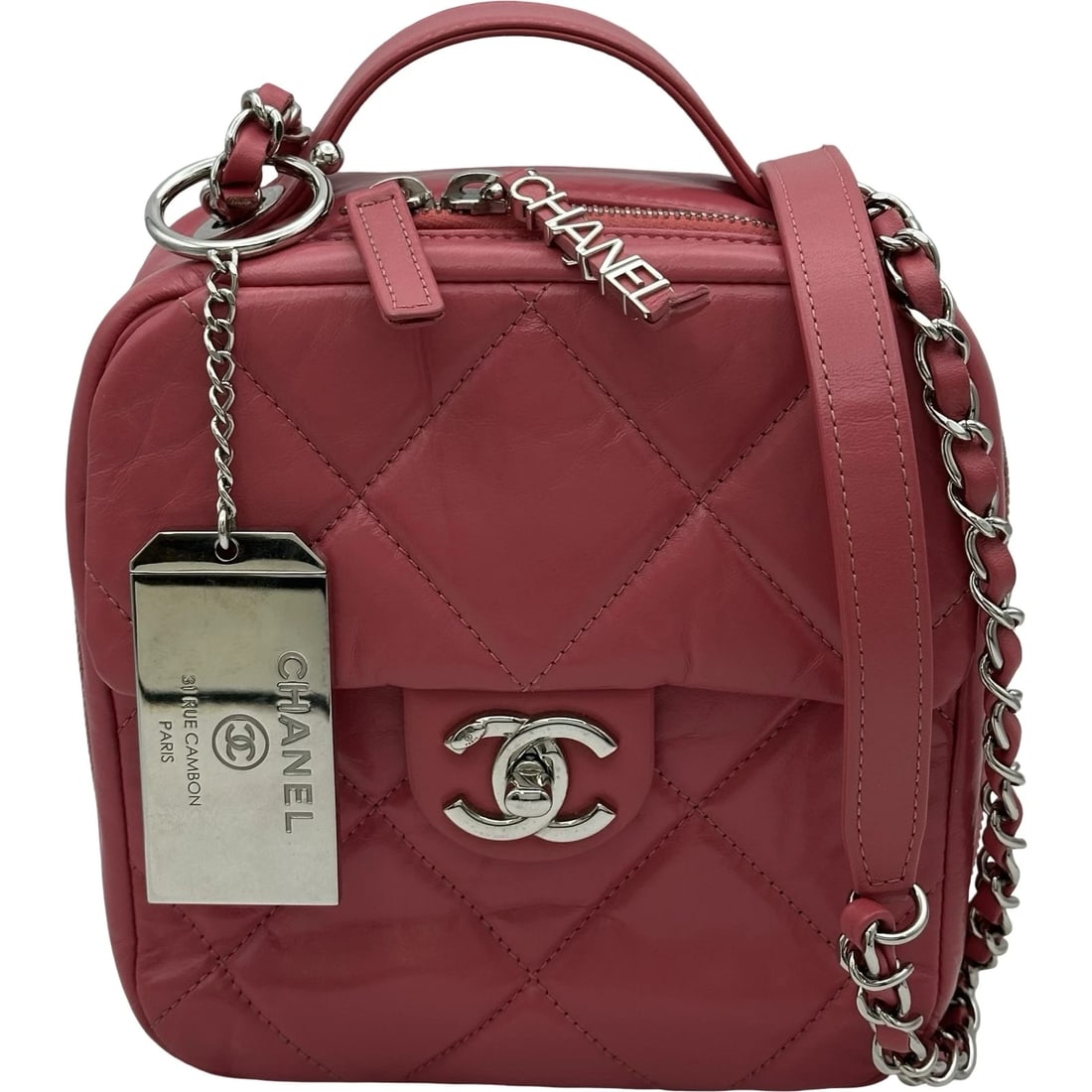 CHANEL 2WAY SHOULDER BAG: CHANEL 2way Shoulder Bag Brand: CHANEL Type/Style: Shoulder Bag Material: Calfskin Color: Pink SilverHardware Size: W6.5 x H6.9x D3.1inch Shoulder:47.4inch Accessories: None Accessories Notice: When