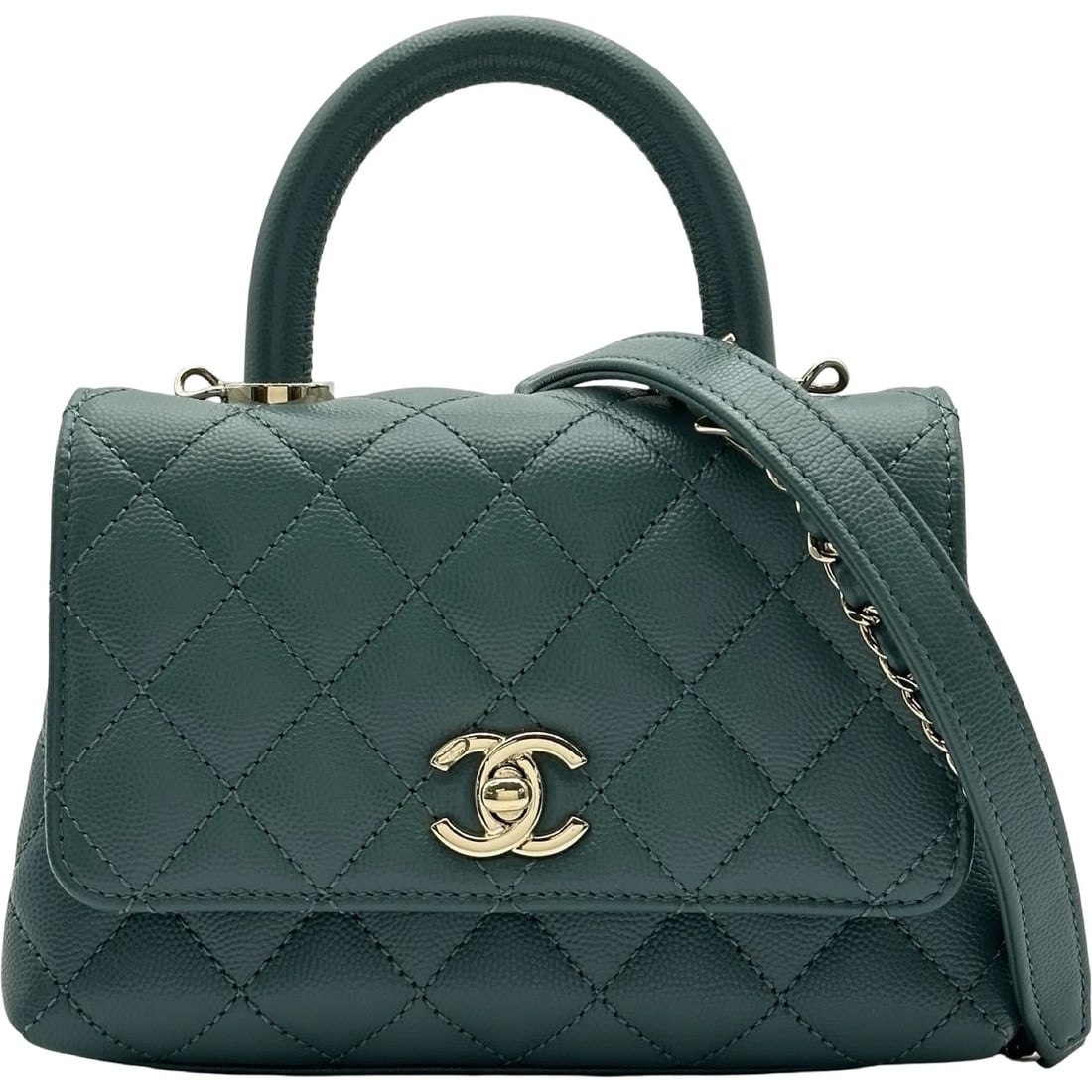 CHANEL COCO HANDLE SHOULDER BAG: CHANEL Coco handle Shoulder Bag Brand: CHANEL Type/Style: Shoulder Bag Material: Caviar skin Color: Green Gold Hardware Size: W7.3 x H4.9x D3.1inch Shoulder:46.9inch Accessories: None Accessories