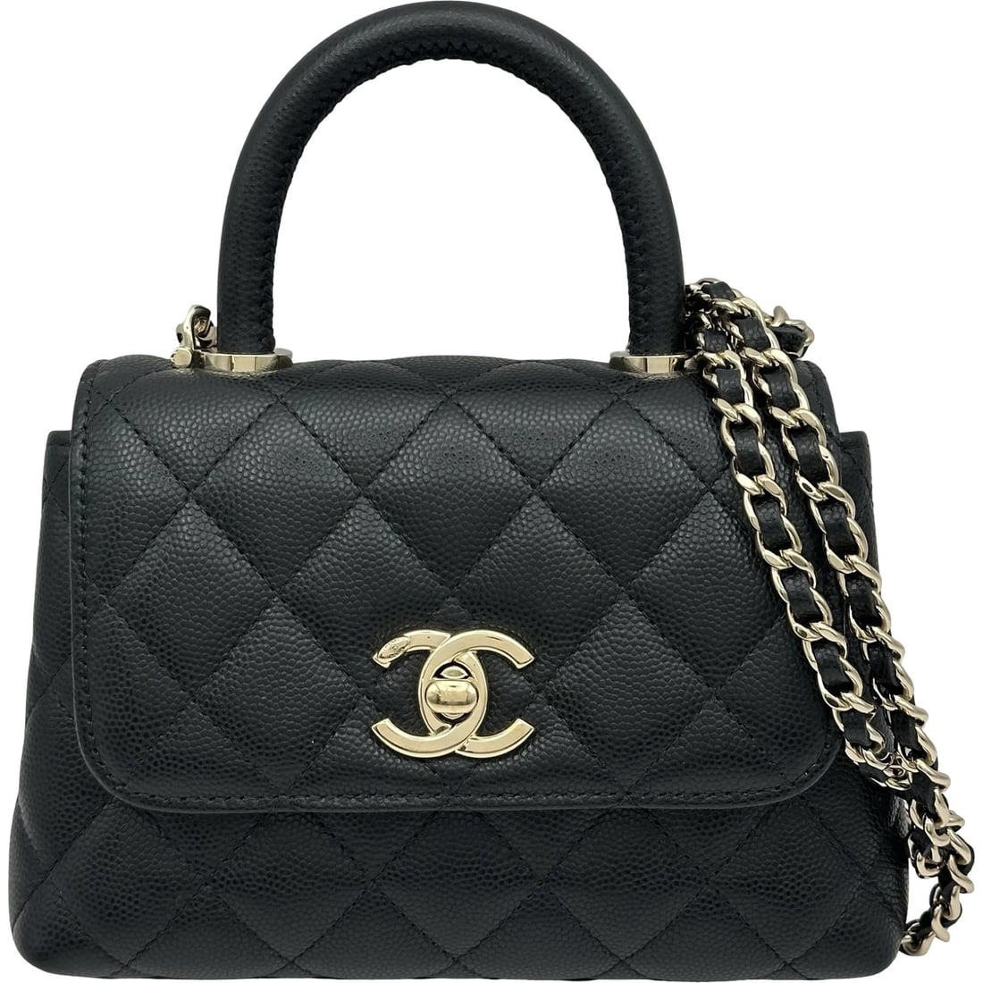 CHANEL COCO HANDLE SHOULDER BAG: CHANEL Coco handle Shoulder Bag Brand: CHANEL Type/Style: Shoulder Bag Material: Caviar skin Color: Black Gold Hardware Size: W6.5 x H4.5x D1.6inch Shoulder:46.1inch Accessories: None Accessories