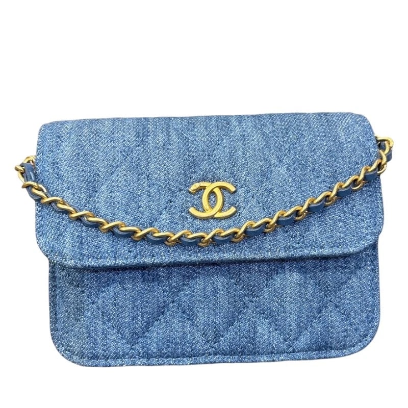 CHANEL DENIM CHAIN CLUTCH WALLET CHAIN: CHANEL Denim Chain Clutch Wallet Chain Brand: CHANEL Type/Style: Wallet Chain Material: denim Color: Denim GoldHardware Size: W4.9 x H3.9x D1.2inch Accessories: None Accessories Notice: When