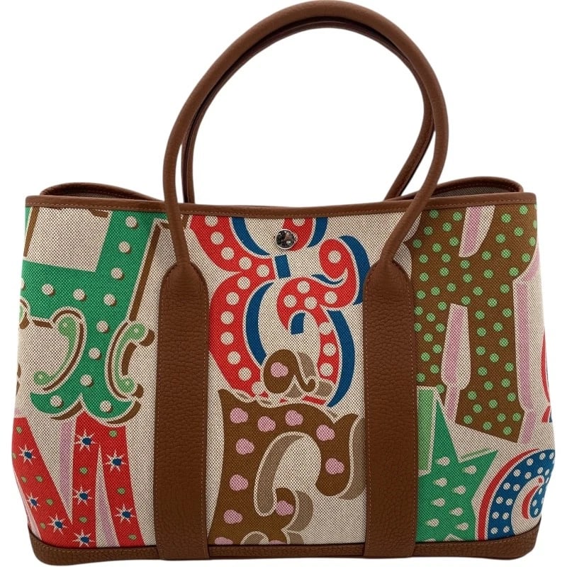 HERMES GARDEN PARTY HANDBAG: HERMES Garden Party Handbag Brand: HERMES Type/Style: Handbag Material: Towar Color: Gold x Multicolor Size: W14.2 x H10.6x D6.7inch Accessories: None Accessories Notice: When purchasing pre-owned