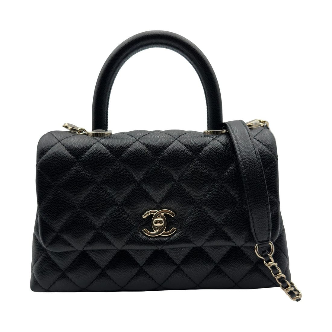 CHANEL COCO HANDLE HANDBAG: CHANEL Coco handle Handbag Brand: CHANEL Type/Style: Handbag Material: Caviar skin Color: Black Gold Hardware Size: W9.4 x H5.5x D3.5inch Shoulder:35.4inch Accessories: None Accessories No