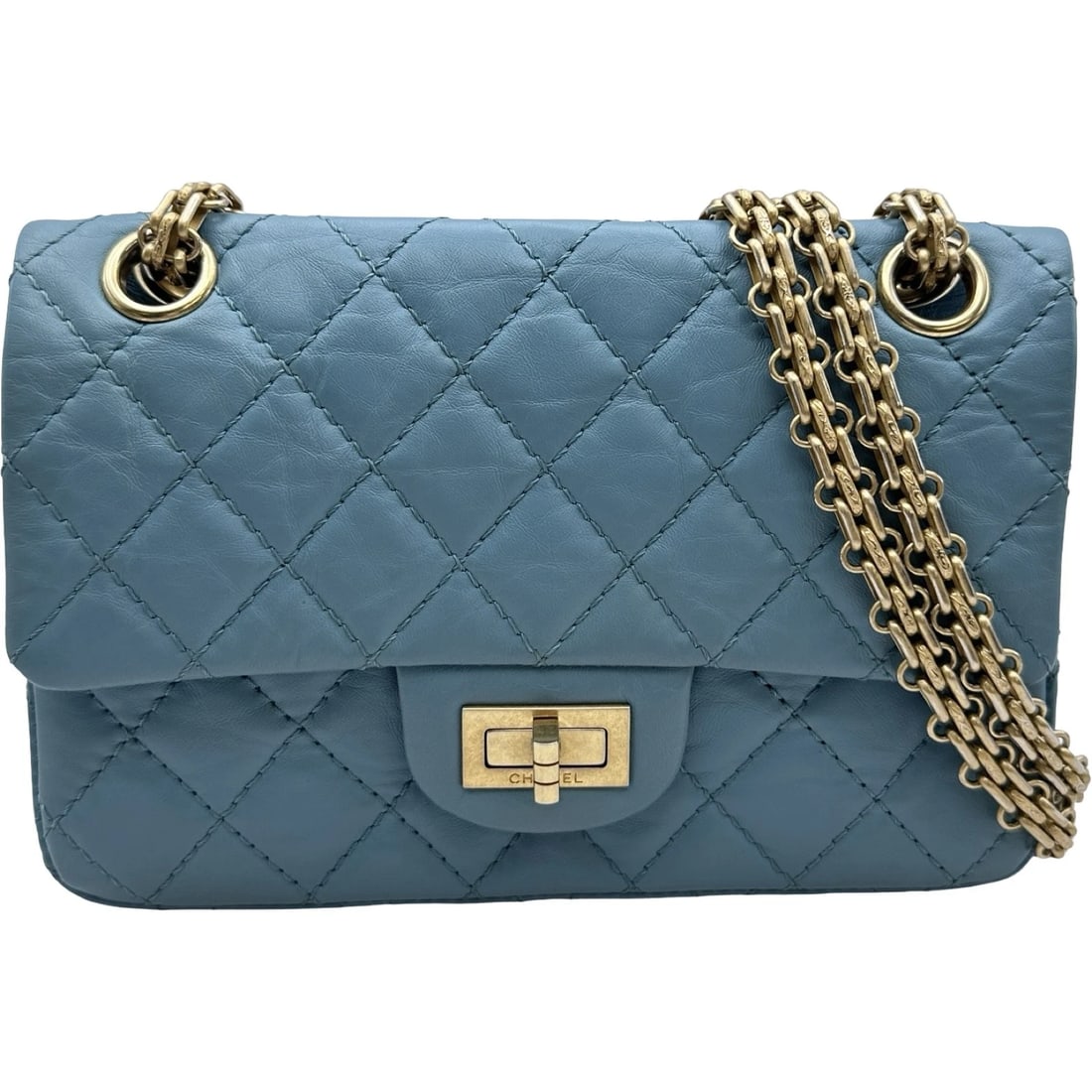 CHANEL MINI CHAIN SHOULDER BAG: CHANEL Mini Chain Shoulder Bag Brand: CHANEL Type/Style: Shoulder Bag Material: Aged calfskin Color: Light Blue Gold Hardware Size: W7.9 x H5.1x D2.6inch Shoulder:24.8inch Accessories: None