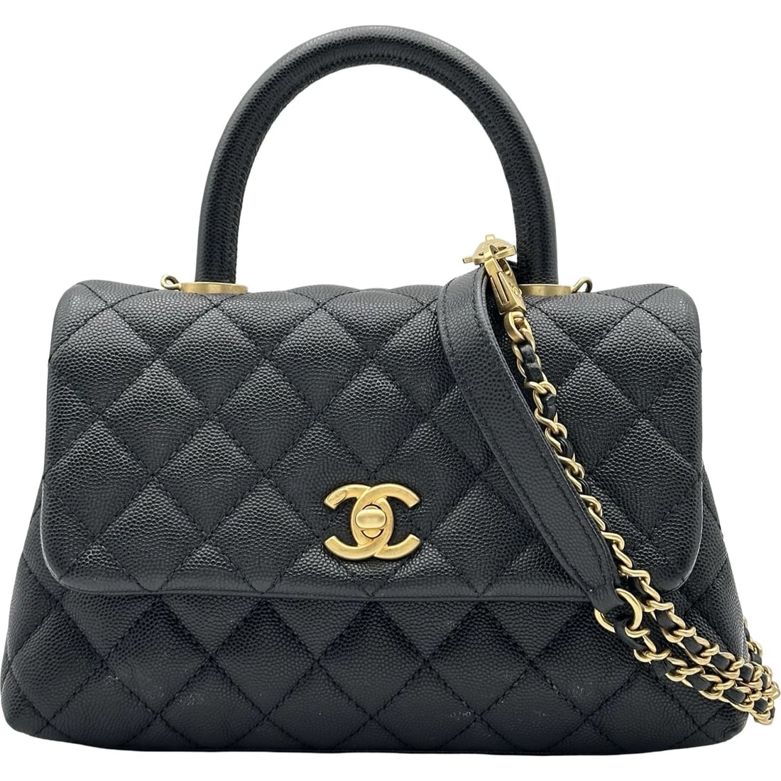 CHANEL COCO HANDLE SHOULDER BAG: CHANEL Coco Handle Shoulder Bag Brand: CHANEL Type/Style: Shoulder Bag Material: Caviar skin Color: Black Gold Hardware Size: W8.9 x H5.7x D3.3inch Shoulder:36.8inch Accessories: None Accessories
