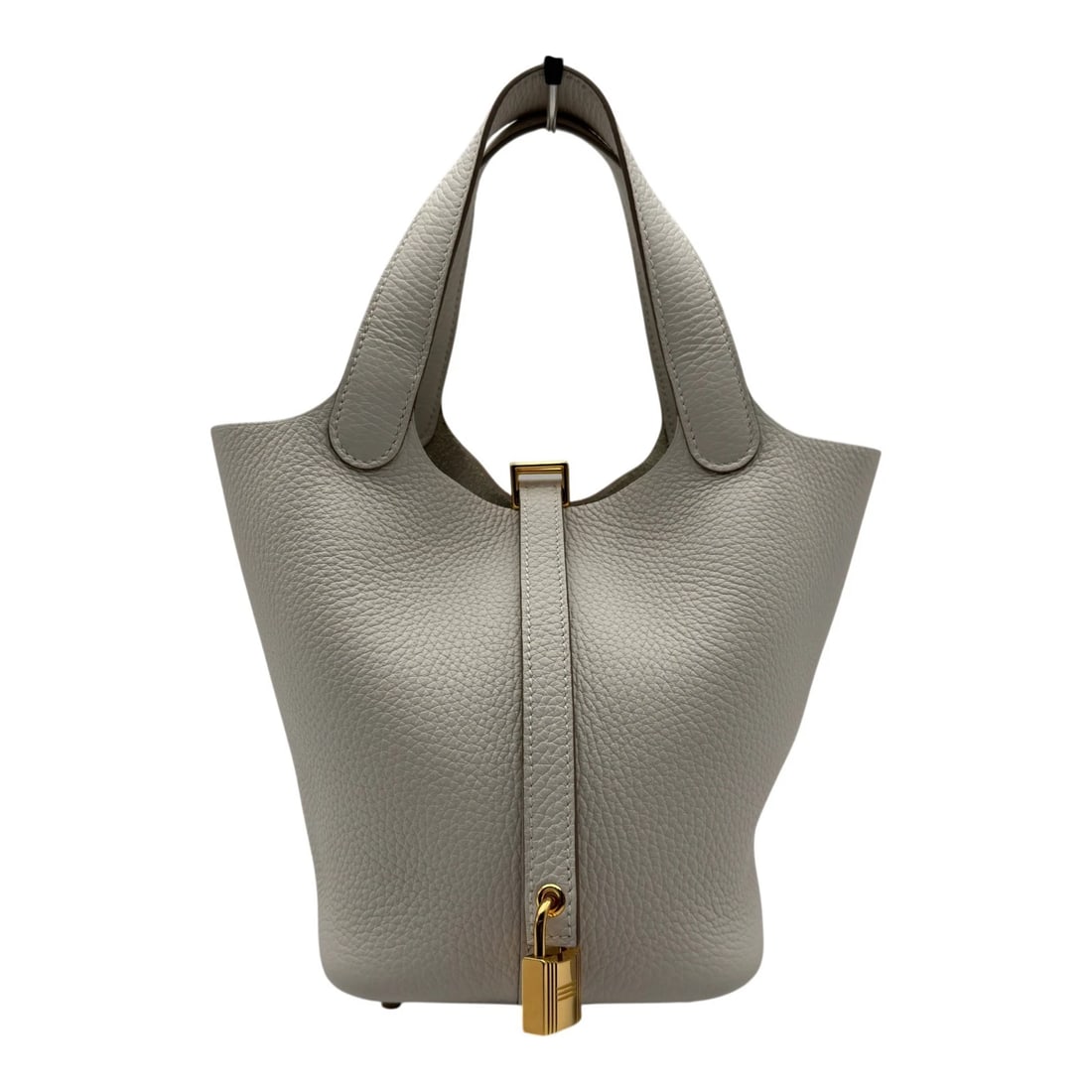 HERMES PICOTAN LOCK HANDBAG: HERMES Picotan Lock Handbag Brand: HERMES Type/Style: Handbag Material: Taurillon Clemence Color: White Gold Hardware Size: W5.1 x H7.5x D7.1inch Accessories: None Accessories Notice: When purchasing
